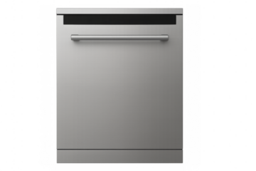 Modern closed dishwasher with metallic front panel on transparent background