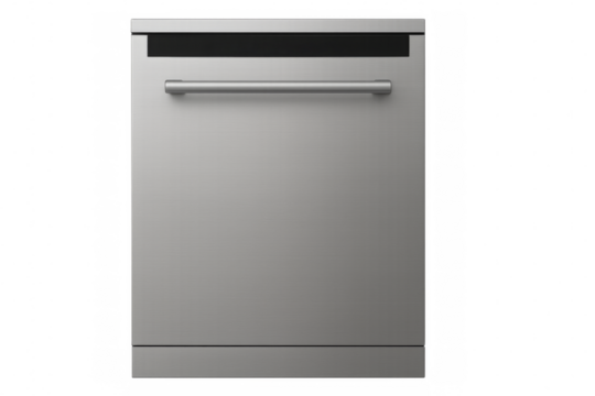 Modern closed dishwasher with metallic front panel on transparent background