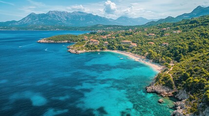 Obraz premium Coastline with Beach, Trees and Mountains