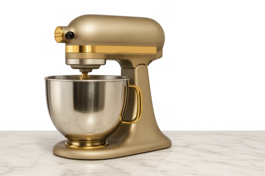 Gold stand mixer with stainless steel bowl on marble countertop with transparent background