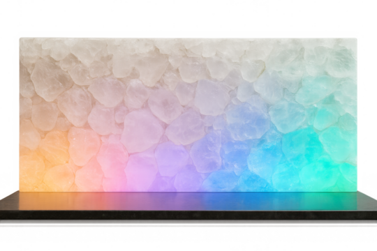 Empty shelf illuminating an abstract colorful crystal wall with transparent background