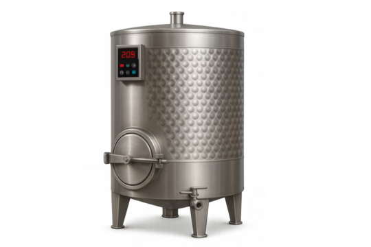 Modern stainless steel wine tank with digital temperature control on transparent background