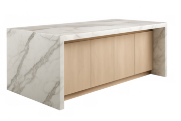Modern kitchen island with marble countertop and wooden cabinets on transparent background