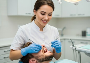 Dentist examining patient's teeth isolated on white background