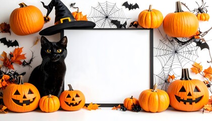 Playful Halloween cartoon border featuring witch hat, jack-o'-lanterns, black cat, and webs in each corner. Center space left clean for party invites, spooky messages, or seasonal announcements.

