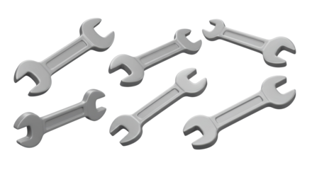 Set of various metallic wrenches used for tightening and loosening bolts in mechanical repair isolated on a transparent background, png, cutout.
