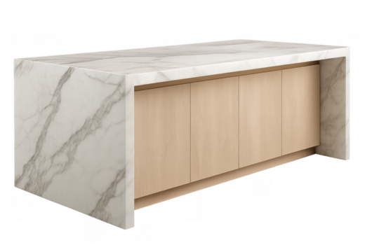 Modern kitchen island with marble countertop and wooden cabinets on transparent background