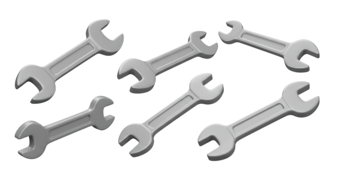 Set of various metallic wrenches used for tightening and loosening bolts in mechanical repair isolated on a transparent background, png, cutout.