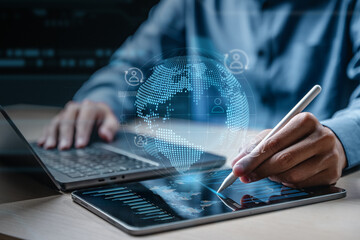 Crm, Customer relationship management system software. Global business concept. Sales and marketing analysis technology. Digital marketing data report dashboard.
