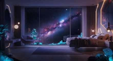 Celestial Dreamscape: Bedroom View of Galaxy, Modern Luxury and Tranquility, a Cosmic Getaway for Peaceful Sleep, Stunning Interior Design, Sci-Fi Escape