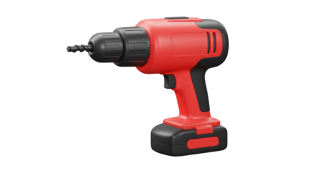 Red and black electric drill with trigger button used for boring holes in various materials isolated on a transparent background, png, cutout.