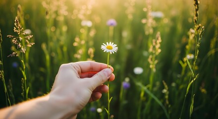 Whisper of Spring: Holding a Daisy to the Sun, a Moment of Simple Joy and Connection with Nature's Beauty, Evoking Hope and Renewal
