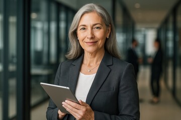 Confident senior businesswoman with gray hair using a digital tablet in modern office hallway