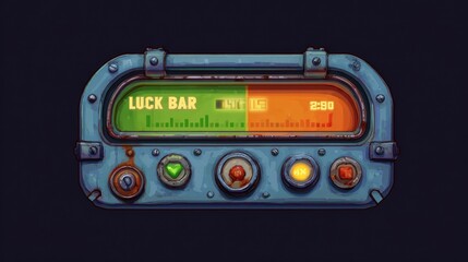 Creative Concept Art of a Luck Bar Loading Indicator in Animated Style With Colorful Zones and Interactive Buttons for User Engagement