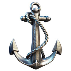 Heavy metallic anchor with rope isolated on transparent