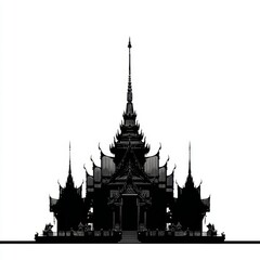Fototapeta premium Black and White Silhouette of an Ornate Temple with Intricate Spires and Architectural Details Against a White Background