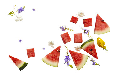 watermelon cut with flowers for summer season arrangement flat lay postcard style 