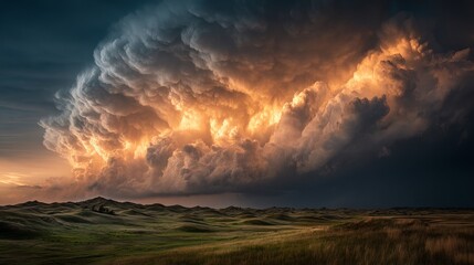 Majestic supercell thunderstorm clouds over nebraska sand hills during dramatic weather formation
