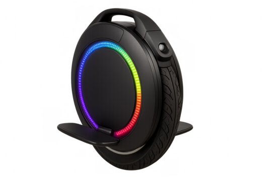 Modern self-balancing electric unicycle with colorful led lights on transparent background