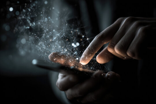 Double exposure of man's hands holding and using a phone and social network theme drawing