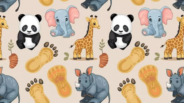 A cute, scrolling pattern of baby animals including elephants, pandas, rhinos, and giraffes, perfect for a children's background design