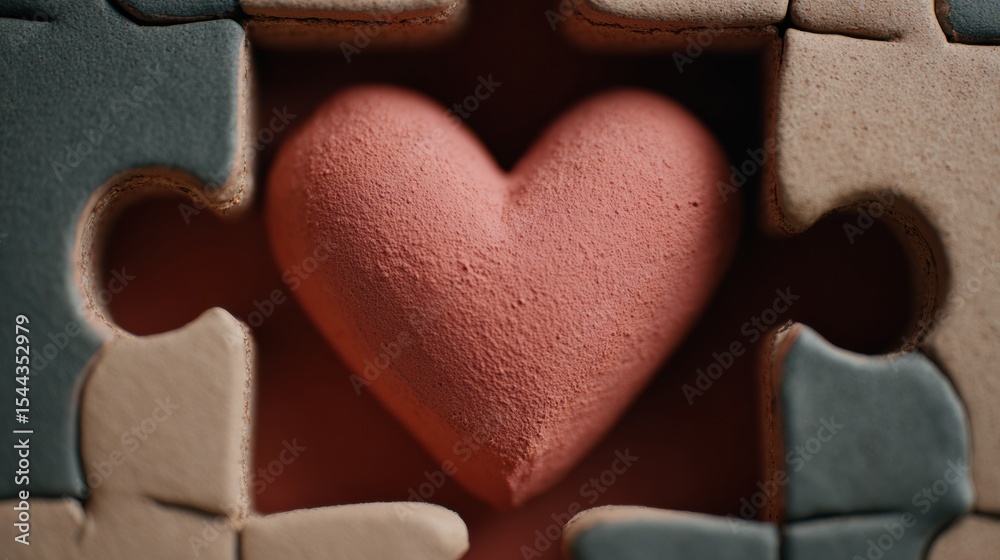 Poster Clay Heart Within a Puzzle Frame Representing Emotional Healing and Connection in a Creative Display
