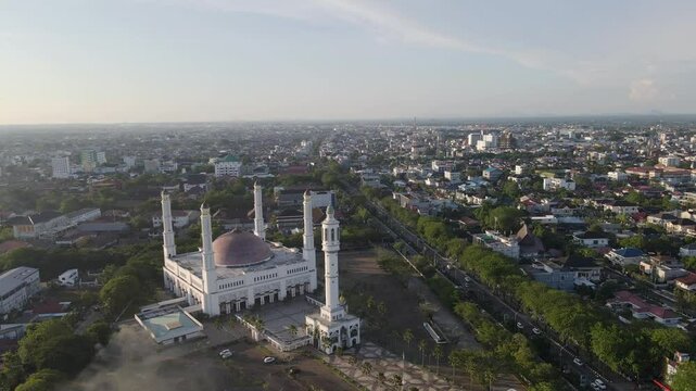 Mujahidin Grand Mosque Pontianak, seen from a height in the afternoon before sunset. The largest and main mosque in Pontianak, the capital city of West Kalimantan Province, Indonesia.