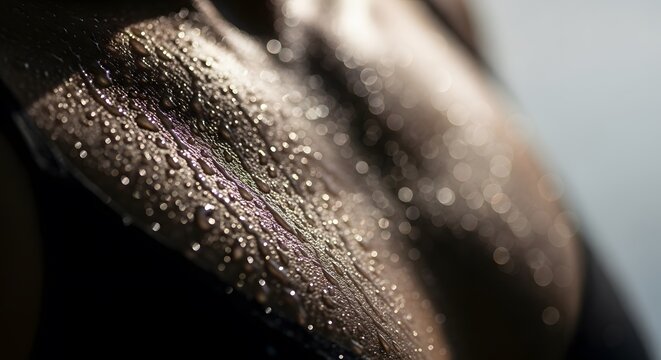 Close-up of human skin glistening with sweat droplets, highlighting the intensity of physical exertion and the dedication to fitness, perfect for promoting active lifestyles and health.