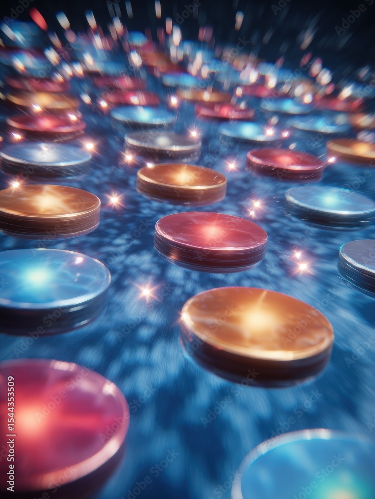Poster spinning animated tokens with motion blur and sparkles across a vibrant screen