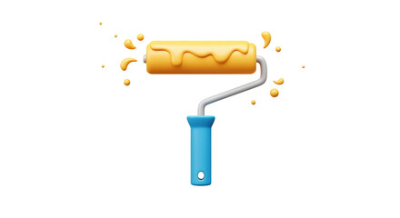 Yellow and blue paint roller with orange paint splash for wall painting and renovation projects isolated on a transparent background, png, cutout.