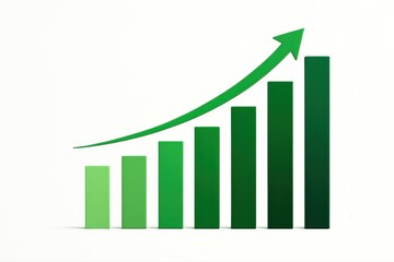 Green bar chart with upward arrow representing business growth on white background