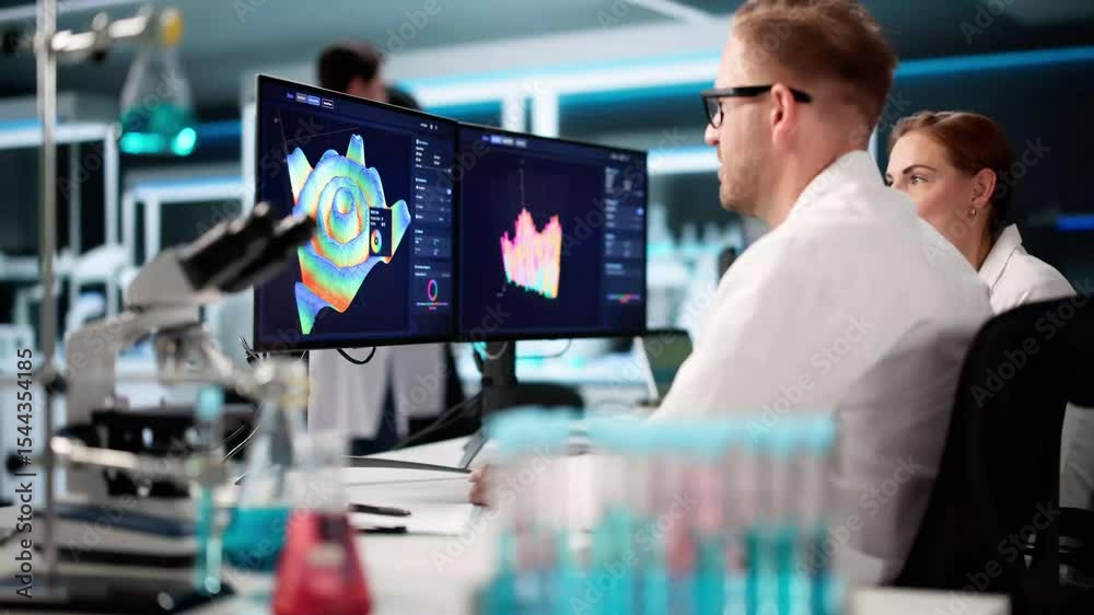 Poster team of analysts using 3d software for research