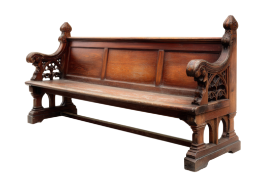 Antique gothic style wooden church pew bench seat, On Transparent Background, Png Image