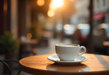 Close up view of a coffee cup on a table bar