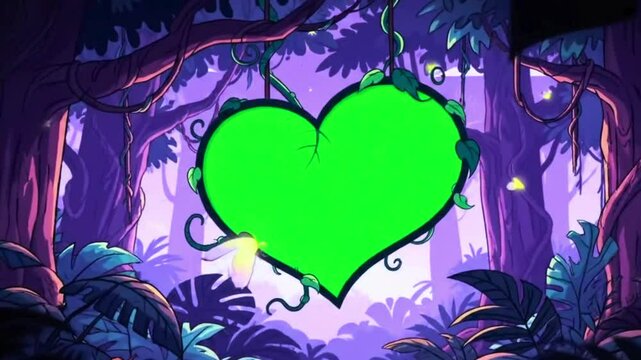 4K Vibrant Cartoon Video of Lush Rainforest Jungle Canopy with Green Screen Vine Sign - Whimsical Animated Stock Footage for Kids and Gaming