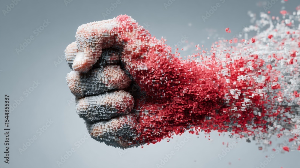 Aufkleber Clenched Fist Dissolving Into Pixels With a Soft Gradient Background Illustrating Digital Transformation
