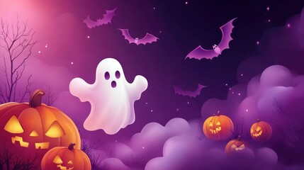 Halloween night scene with ghost and pumpkins (1)