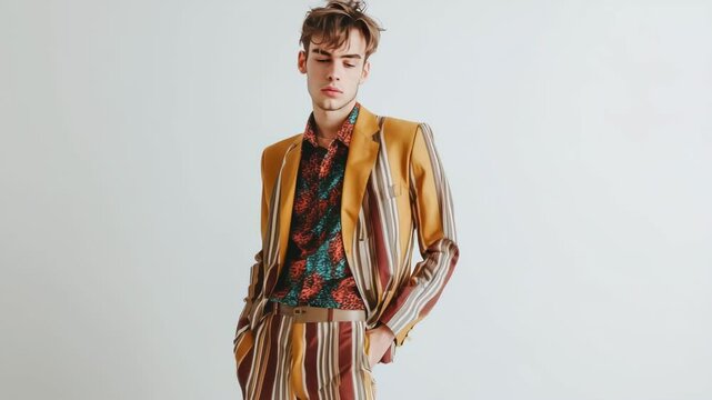 The male model turns his head to look off-camera to the side with a pensive expression The camera pulls back to reveal more of his retro-styled striped suit