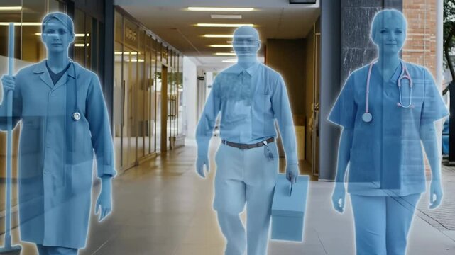Transparent workers clean, deliver and care for others &mdash; only their gear remains visible. A tribute to the unnoticed. Generated by AI.