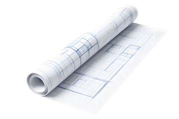Rolled blueprints showing building plans and design details