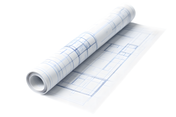 Rolled blueprints showing building plans and design details