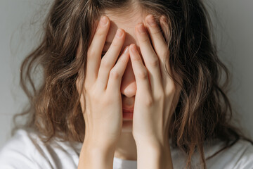 Fototapeta premium Portrait of a depressed woman expressing emotional pain and mental health struggle. Captures sadness, anxiety, and vulnerability in a dramatic, empathetic visual style.