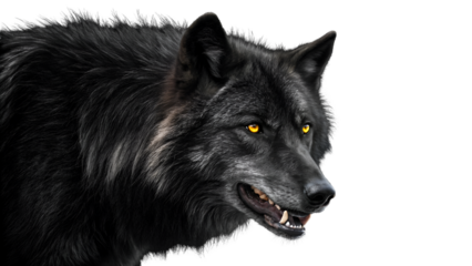 Black wolf portrait with yellow eyes a majestic animal in the dark canine predator wild animal nature art isolated on transparent background