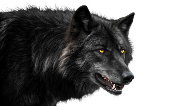 Black wolf portrait with yellow eyes a majestic animal in the dark canine predator wild animal nature art isolated on transparent background