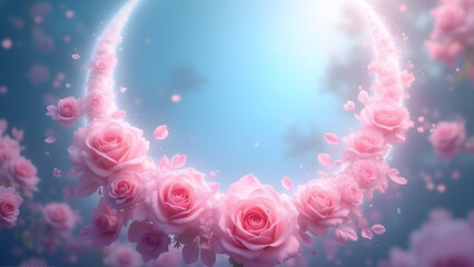 Pink roses and crescent moon landscape