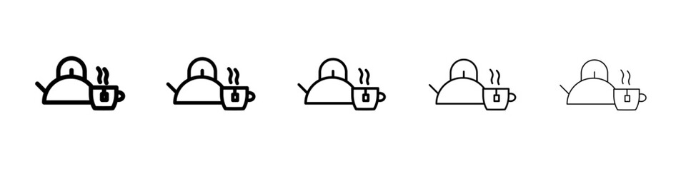 Teapot with teabag on cup icon black and white vector sign