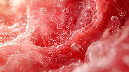 Close-Up View of Red Liquid with Bubbles and Fluid Movement