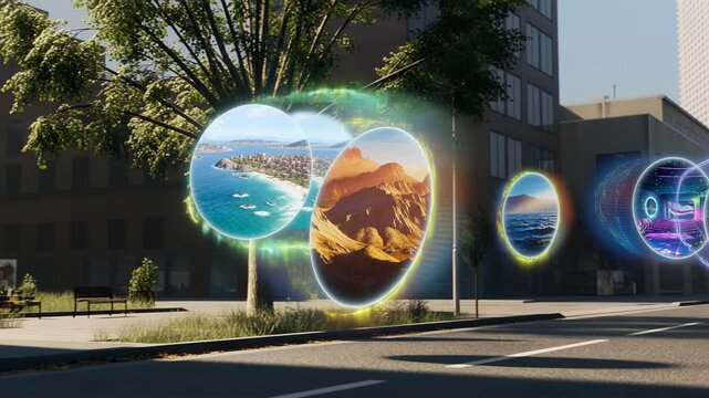 On a quiet street, shimmering portals reveal surreal worlds &mdash; a bold journey across dimensions begins. Generated by AI.
