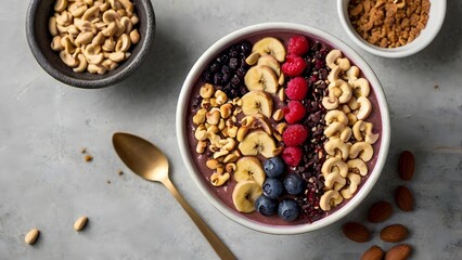 Vegan smoothie bowl with dark chocolate berries and cashews surrounded by plant-based healthy ingredients