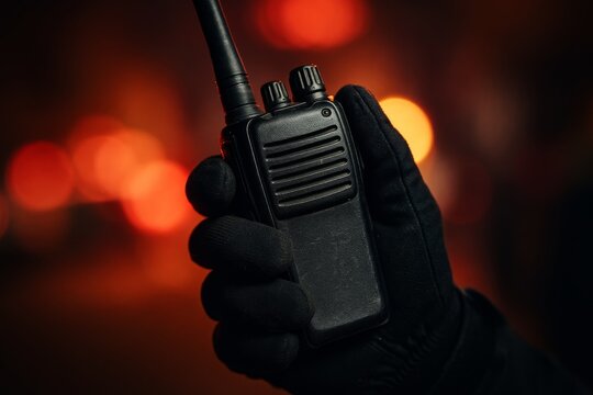 Gloved hand holding a black walkie-talkie with dramatic red lighting, symbolizing emergency, communication, and security.